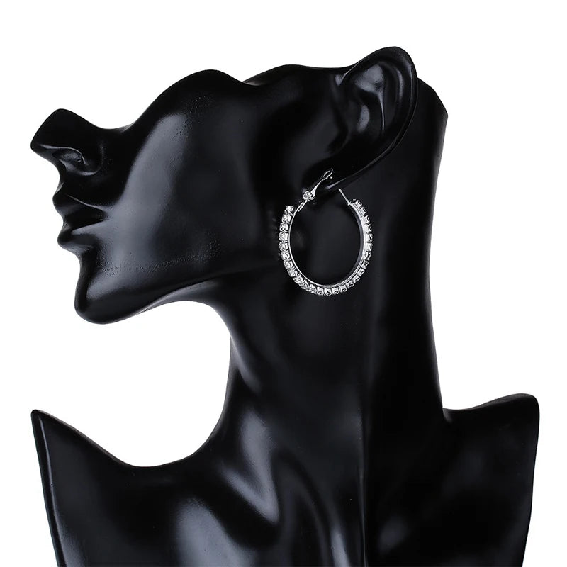 30-80mm Big Hoop Earrings For Women Girls Circle Crystal Rhinestone Earrings Black Gold Silver Color Round Earrings Gift