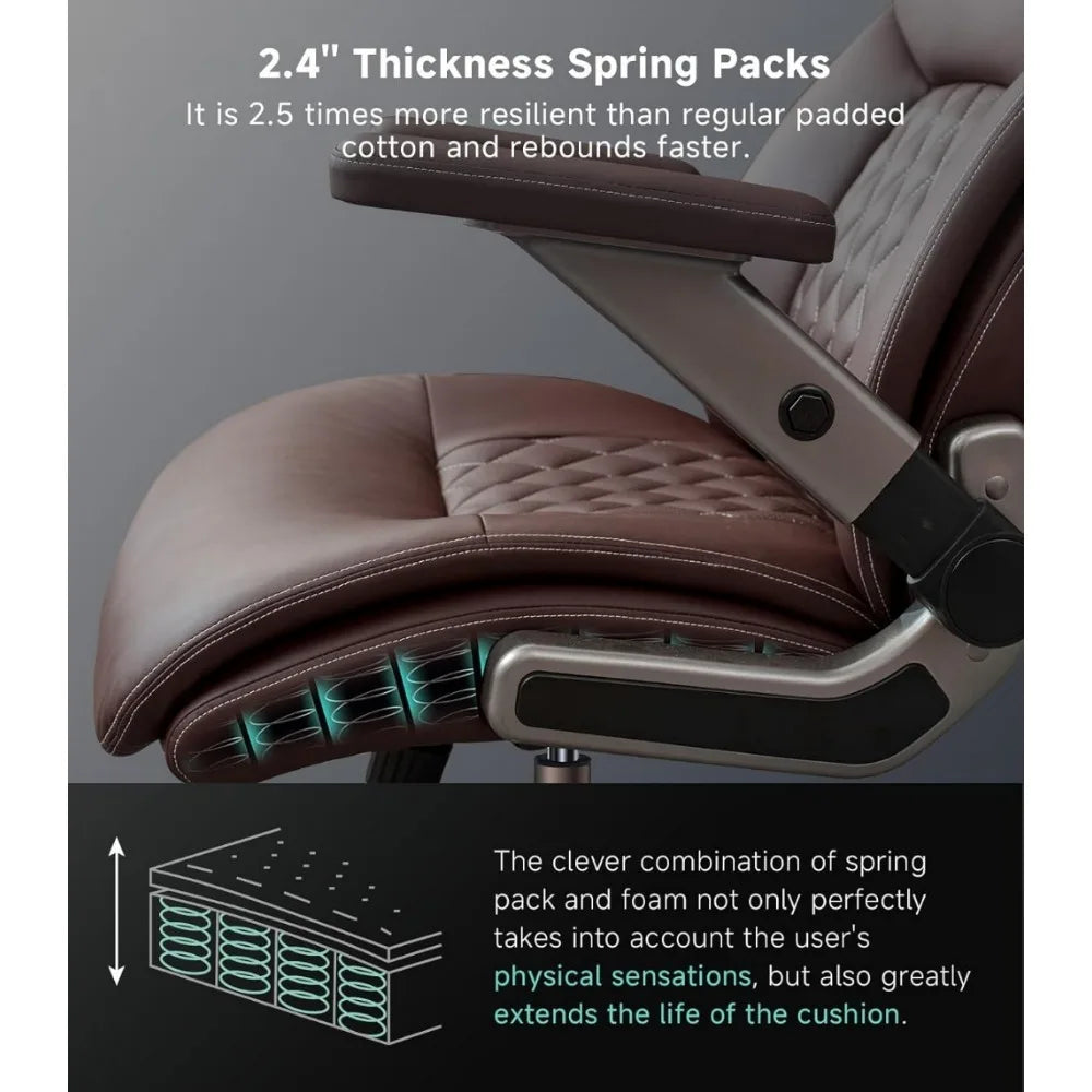 Big and Tall Office Chair with 5D Flip Arms, 600LBS PU Leather Executive Chair, Adjustable Lumbar Support 3'' Double Space Wheel