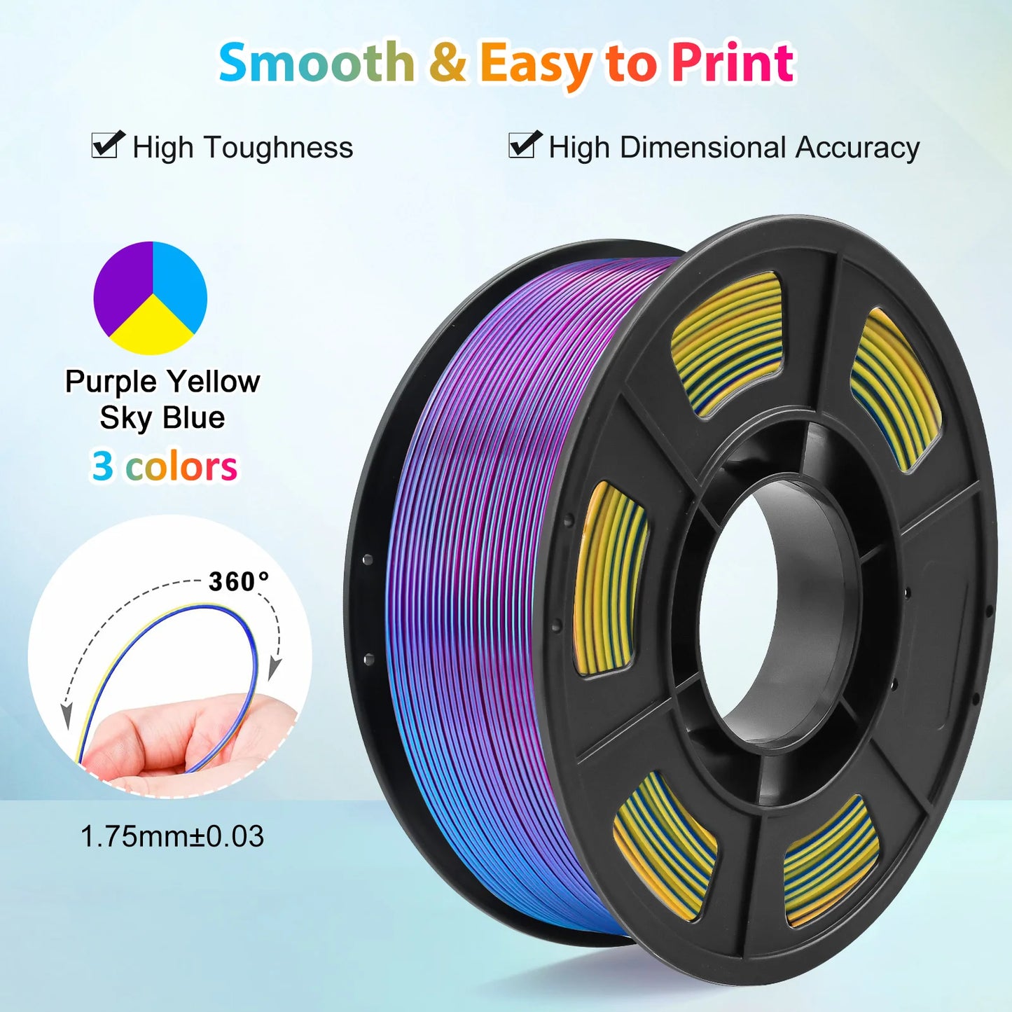 Tricolor Silk PLA 3D Printer Filament, 1.75mm Multicolor 3D Printing Filament, Purple/Sky Blue/Yellow Filament, 250g (0.55lbs)
