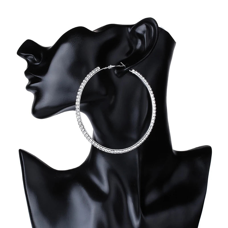 30-80mm Big Hoop Earrings For Women Girls Circle Crystal Rhinestone Earrings Black Gold Silver Color Round Earrings Gift
