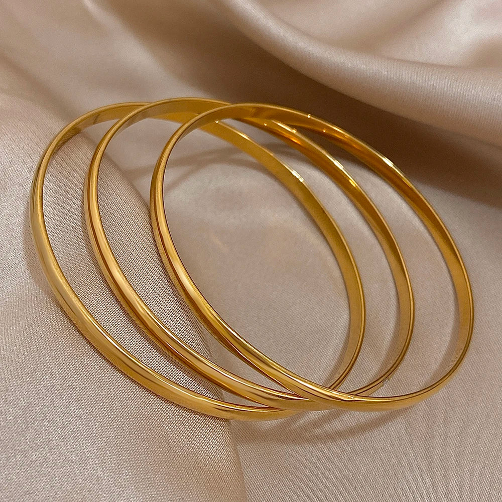 Greatera 3pcs/set 60mm Stainless Steel Smooth Bracelets Bangles for Women Gold Plated Stackable Bracelet Waterproof Jewelry