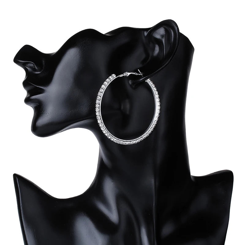 30-80mm Big Hoop Earrings For Women Girls Circle Crystal Rhinestone Earrings Black Gold Silver Color Round Earrings Gift