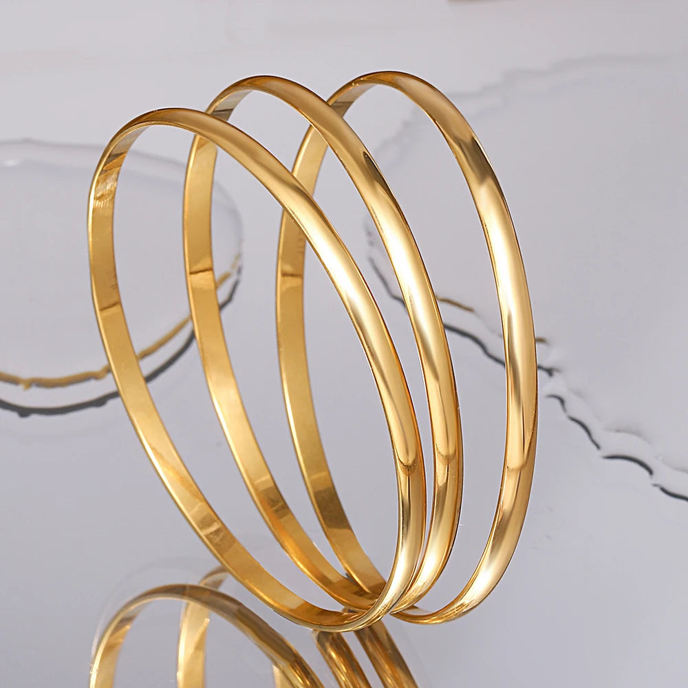 Greatera 3pcs/set 60mm Stainless Steel Smooth Bracelets Bangles for Women Gold Plated Stackable Bracelet Waterproof Jewelry