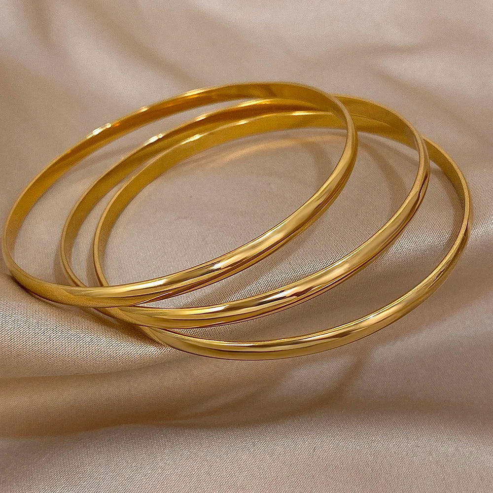 Greatera 3pcs/set 60mm Stainless Steel Smooth Bracelets Bangles for Women Gold Plated Stackable Bracelet Waterproof Jewelry