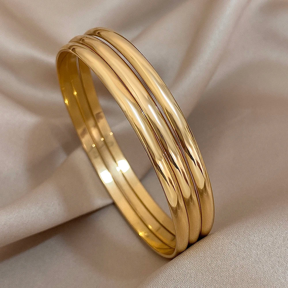 Greatera 3pcs/set 60mm Stainless Steel Smooth Bracelets Bangles for Women Gold Plated Stackable Bracelet Waterproof Jewelry