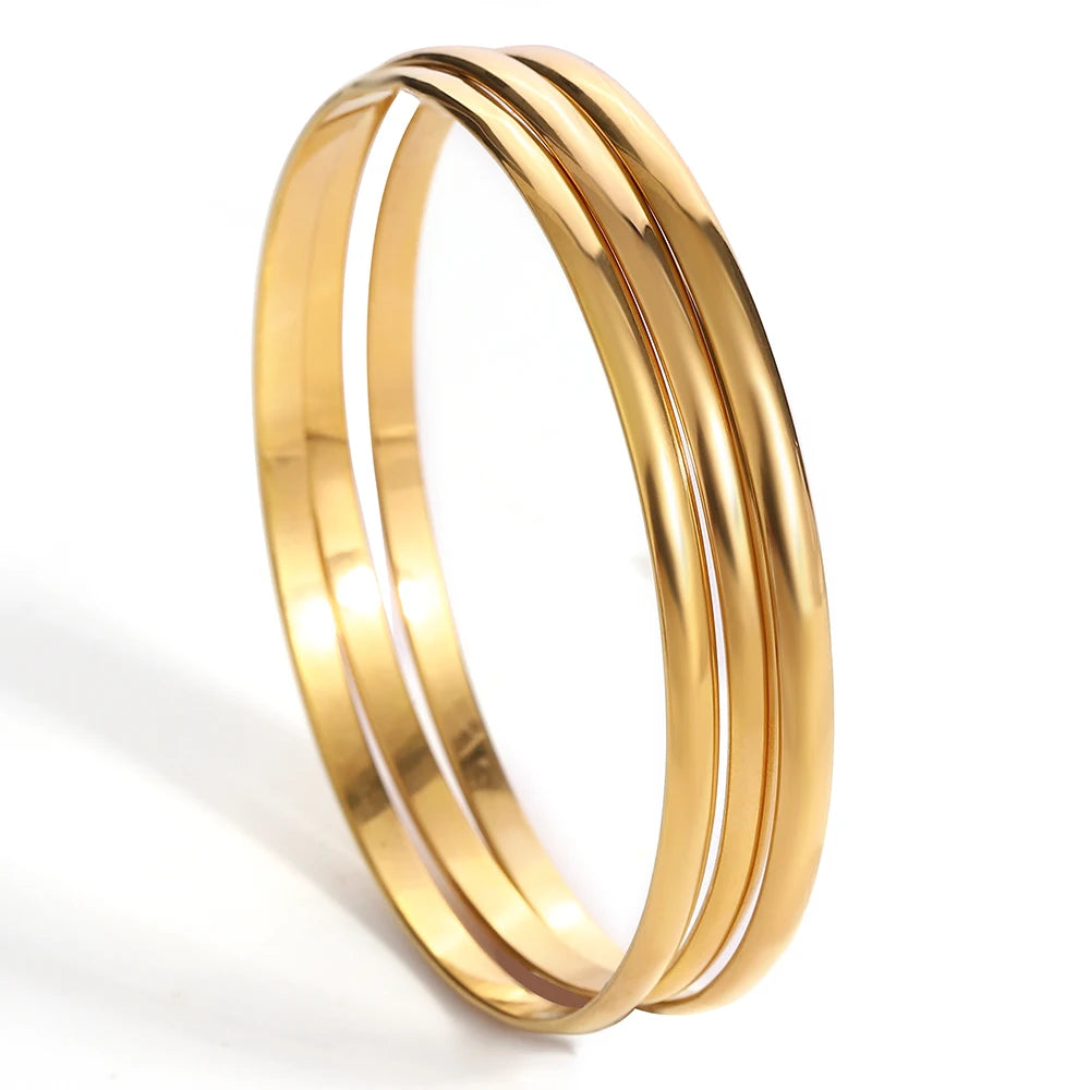 Greatera 3pcs/set 60mm Stainless Steel Smooth Bracelets Bangles for Women Gold Plated Stackable Bracelet Waterproof Jewelry