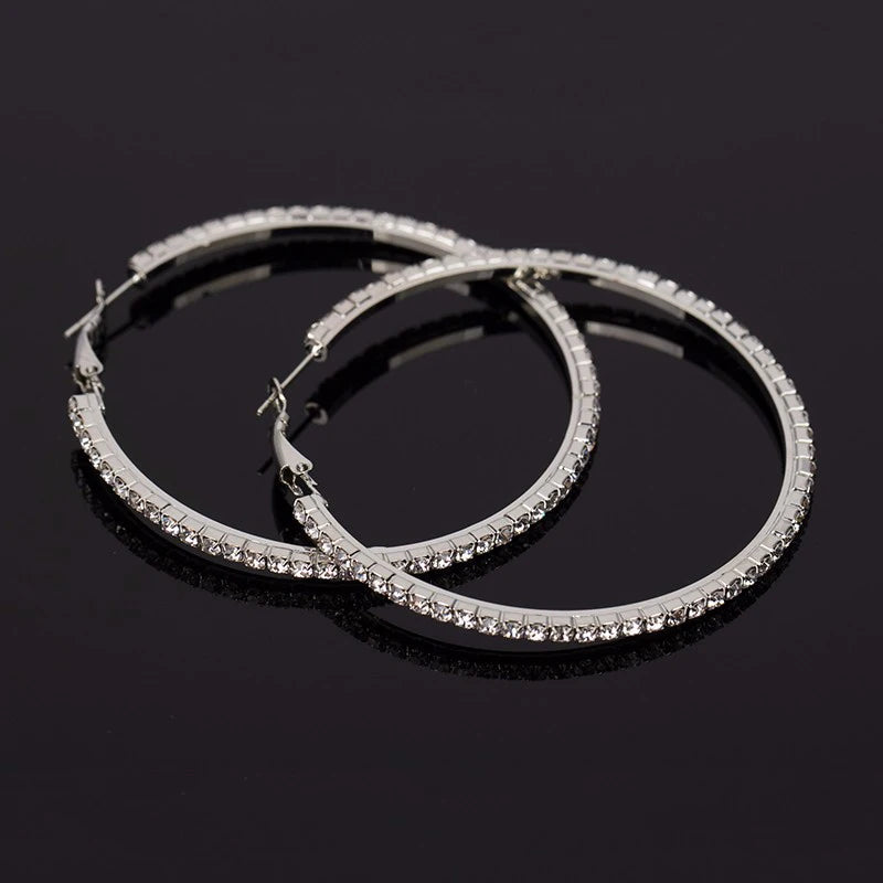 30-80mm Big Hoop Earrings For Women Girls Circle Crystal Rhinestone Earrings Black Gold Silver Color Round Earrings Gift