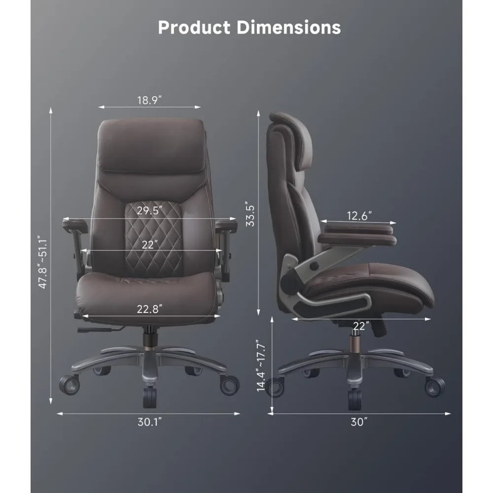 Big and Tall Office Chair with 5D Flip Arms, 600LBS PU Leather Executive Chair, Adjustable Lumbar Support 3'' Double Space Wheel