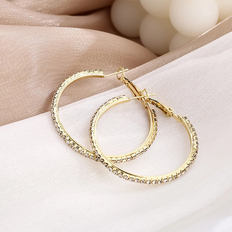 30-80mm Big Hoop Earrings For Women Girls Circle Crystal Rhinestone Earrings Black Gold Silver Color Round Earrings Gift