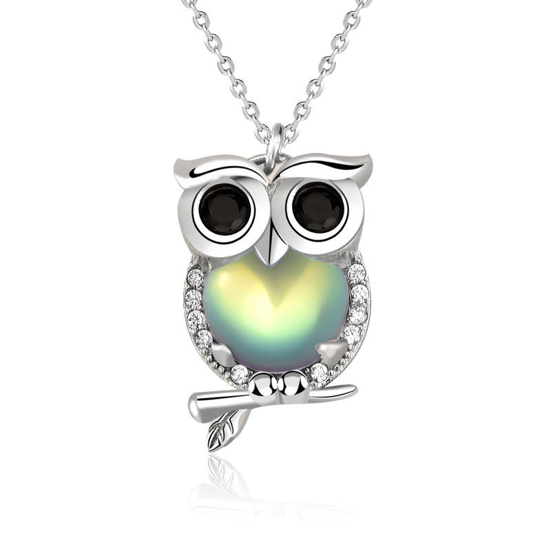 Cute Natural Moonstone CZ Owl 925 Sterling Silver Necklace