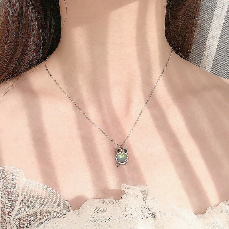 Cute Natural Moonstone CZ Owl 925 Sterling Silver Necklace