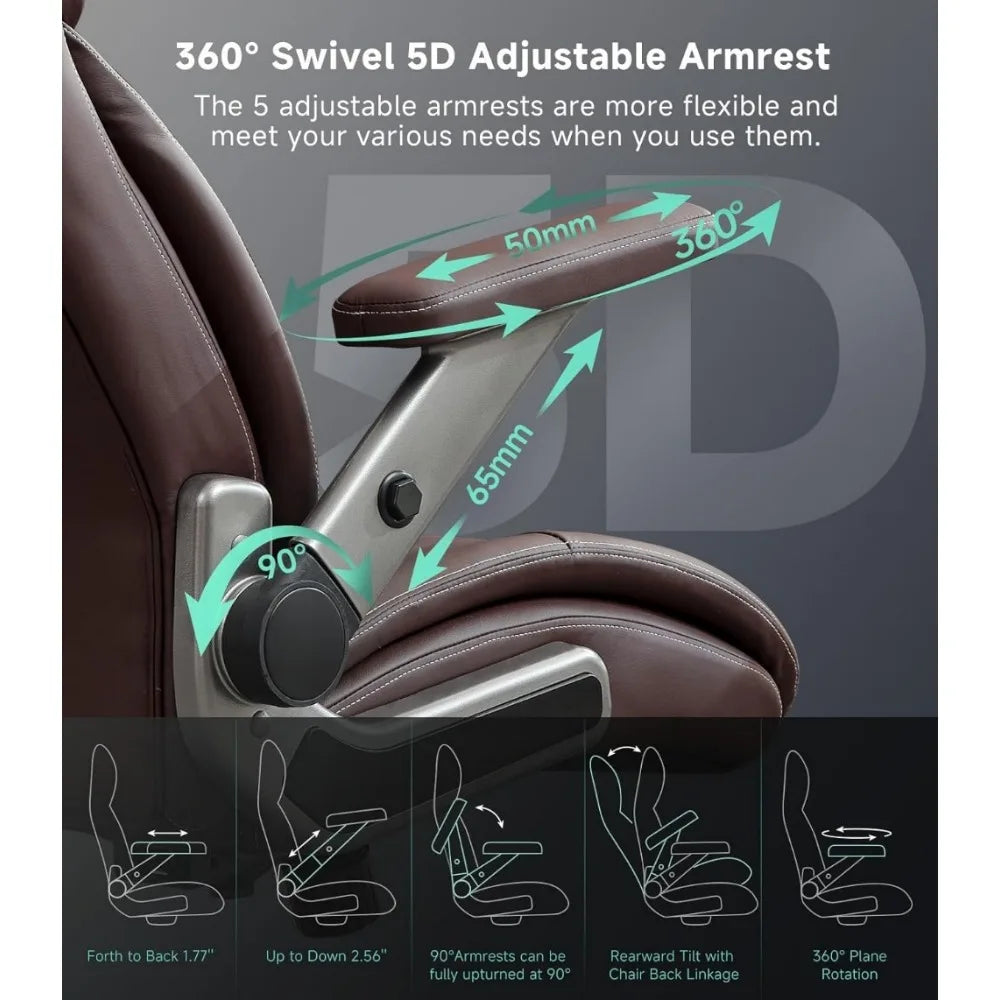 Big and Tall Office Chair with 5D Flip Arms, 600LBS PU Leather Executive Chair, Adjustable Lumbar Support 3'' Double Space Wheel