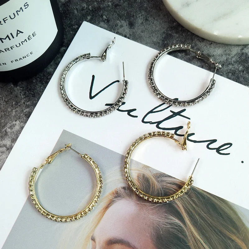 30-80mm Big Hoop Earrings For Women Girls Circle Crystal Rhinestone Earrings Black Gold Silver Color Round Earrings Gift