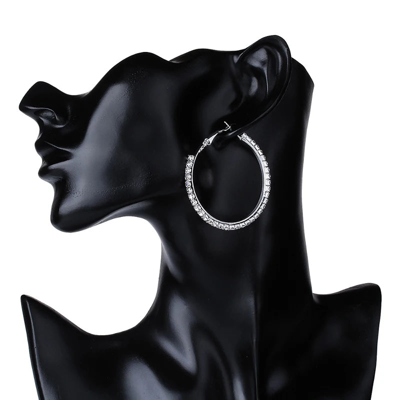 30-80mm Big Hoop Earrings For Women Girls Circle Crystal Rhinestone Earrings Black Gold Silver Color Round Earrings Gift