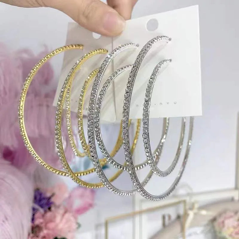 30-80mm Big Hoop Earrings For Women Girls Circle Crystal Rhinestone Earrings Black Gold Silver Color Round Earrings Gift