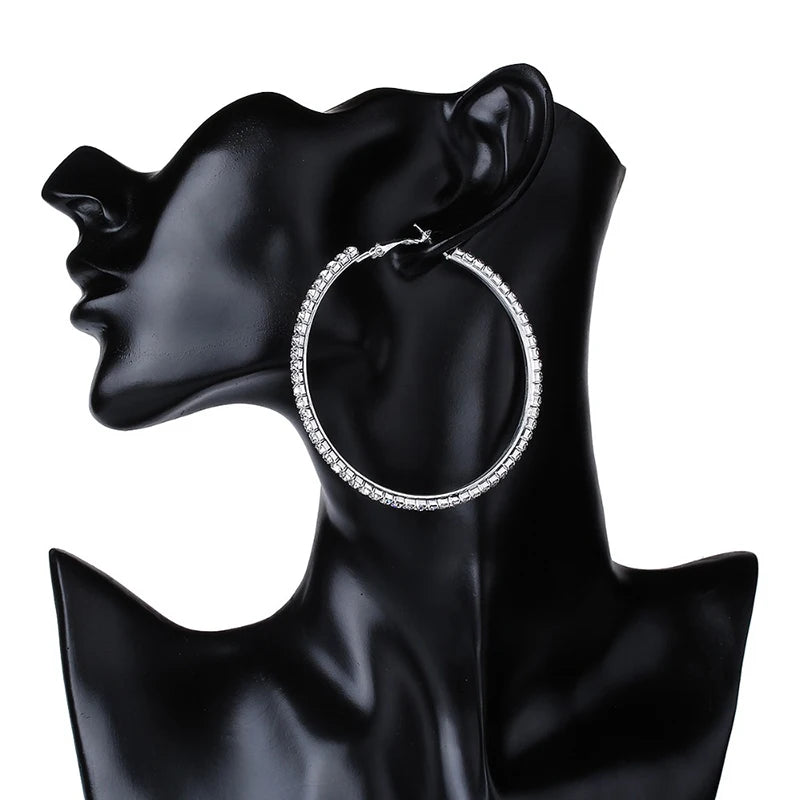 30-80mm Big Hoop Earrings For Women Girls Circle Crystal Rhinestone Earrings Black Gold Silver Color Round Earrings Gift