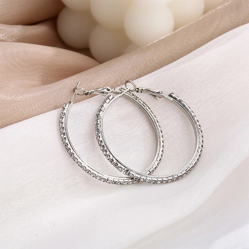30-80mm Big Hoop Earrings For Women Girls Circle Crystal Rhinestone Earrings Black Gold Silver Color Round Earrings Gift