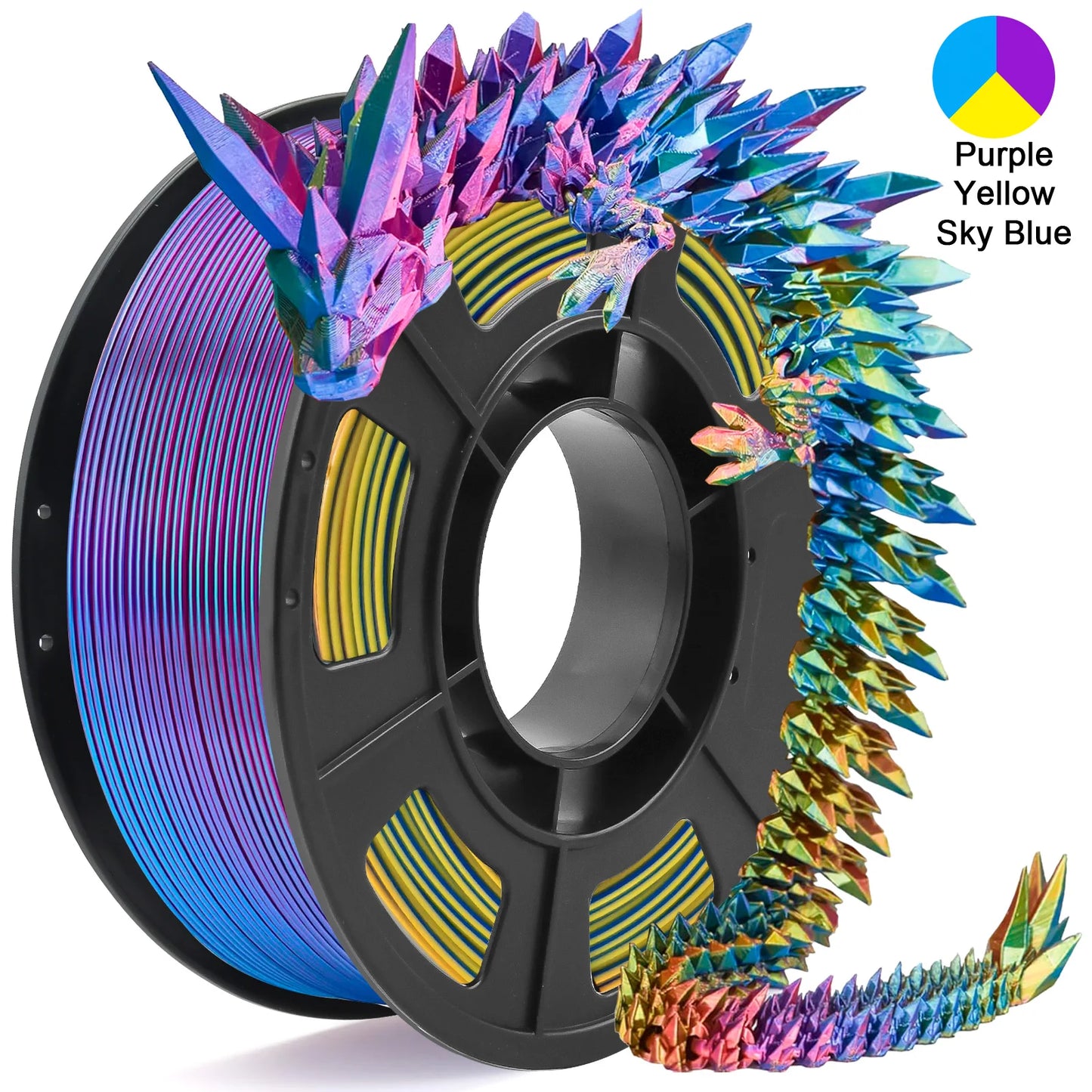 Tricolor Silk PLA 3D Printer Filament, 1.75mm Multicolor 3D Printing Filament, Purple/Sky Blue/Yellow Filament, 250g (0.55lbs)