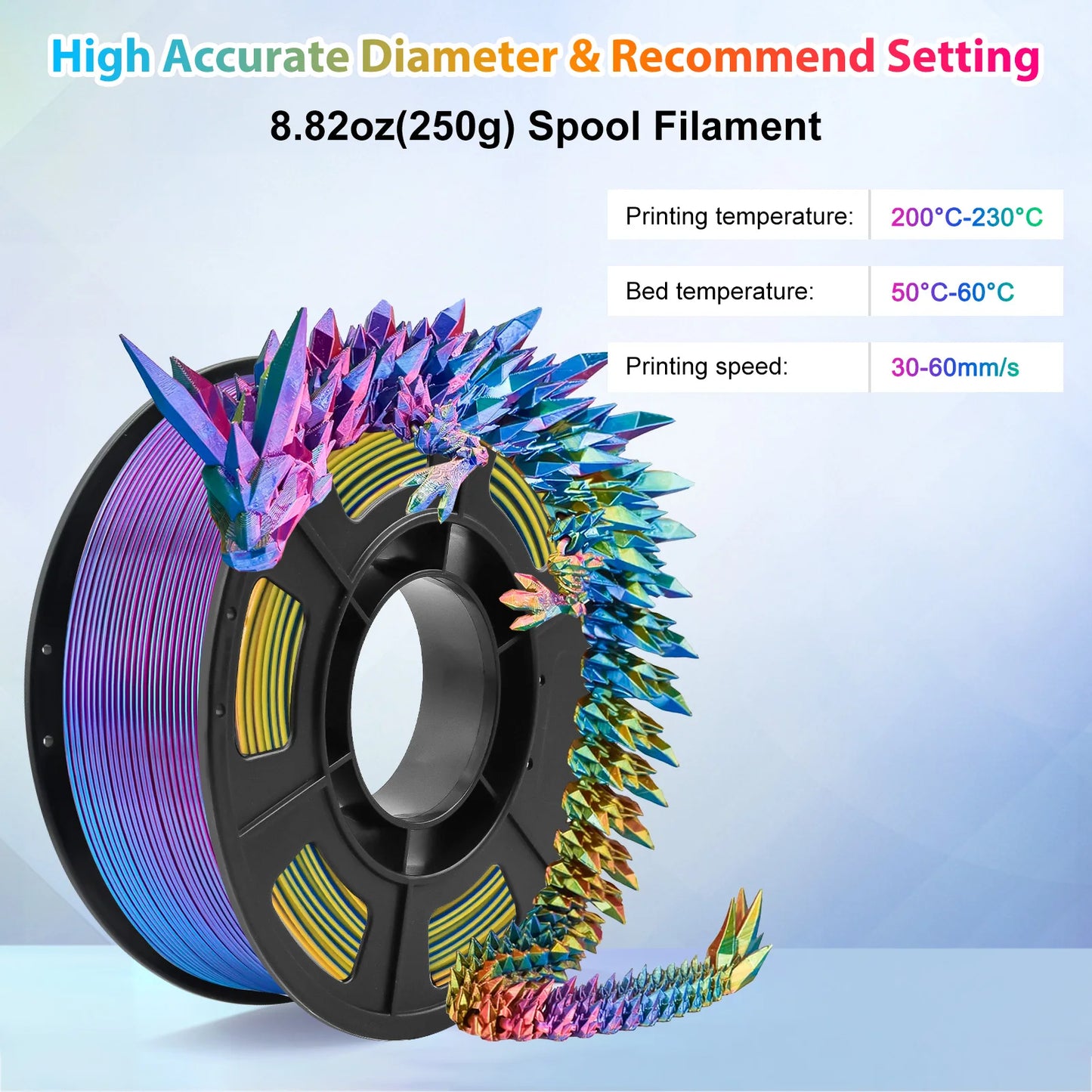 Tricolor Silk PLA 3D Printer Filament, 1.75mm Multicolor 3D Printing Filament, Purple/Sky Blue/Yellow Filament, 250g (0.55lbs)